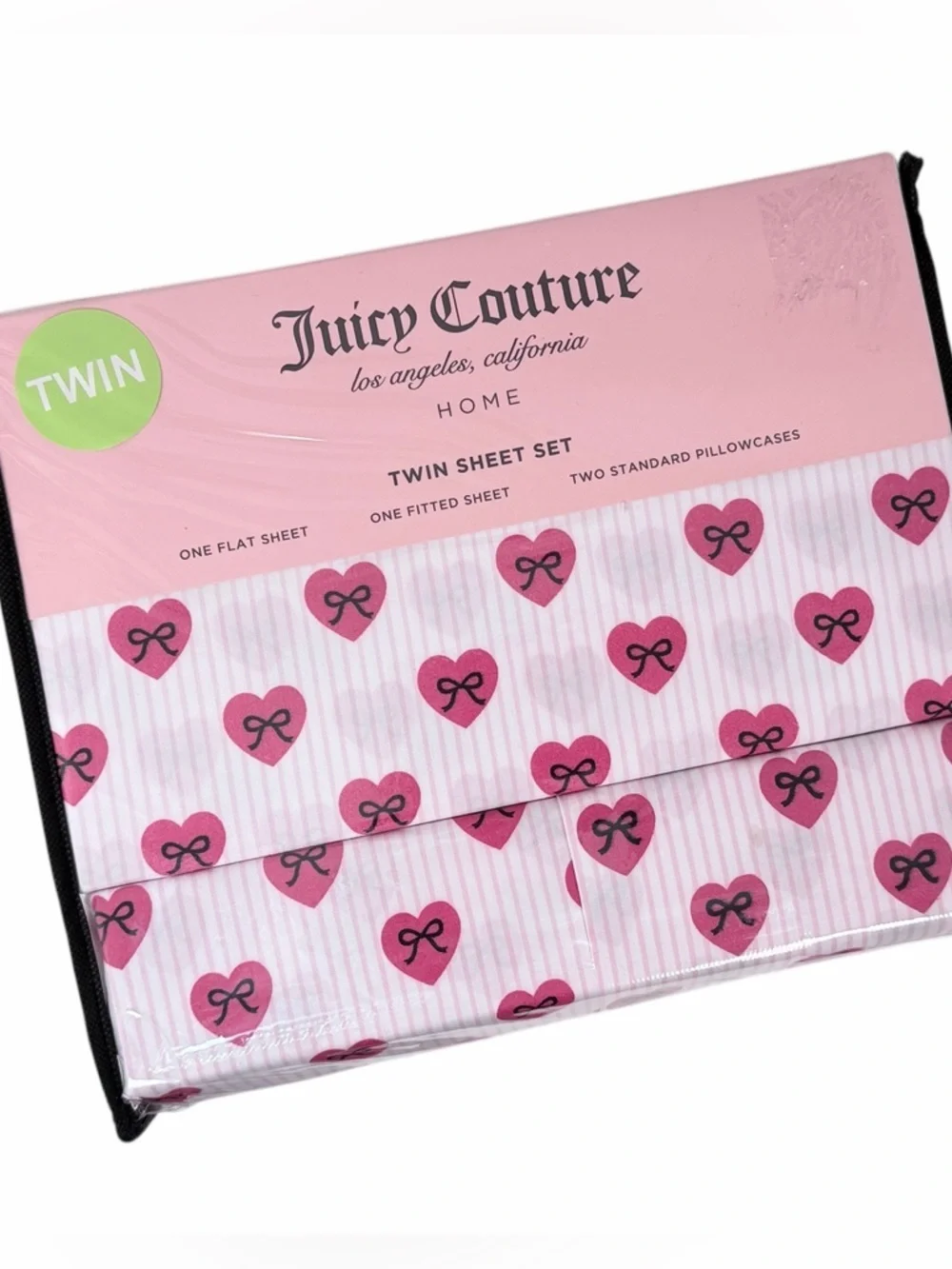 Juicy Couture Home Pink Heart Bow Twin Sheet Set 4 Piece Bedding Set